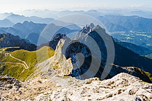 Mountain ridge at Mangart Saddle pass on the border between Slovenia and Italy, splitting the Julian Alps and Italian Alps.