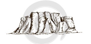 Mountain ridge or natural landmark hand drawn in vintage engraving style. Beautiful retro drawing of rock cliff, plateau