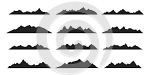 Mountain ridges peak silhouettes flat style design vector illustration set isolated on white background.
