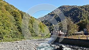 The mountain river and autumn forest, nature of Russia, Krasnaya Polyana