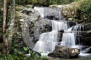 Mountain river background with small waterfalls in tropical forest