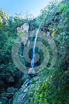 Mountain river beautiful waterfall in tropical forest. Photography, wide angle