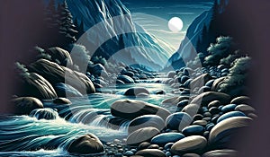 A mountain river with crystal-clear water rushing over smooth rocks at Night. landscape Background, Nature