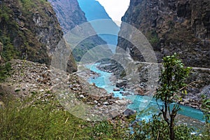 Mountain river in a deep gorge in the Himalayas.
