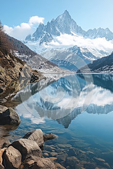 Mountain river flowing through green valley with snow capped mountain