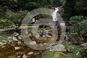 Mountain river flowing over the stones. Wildlife beauty in Malaysia