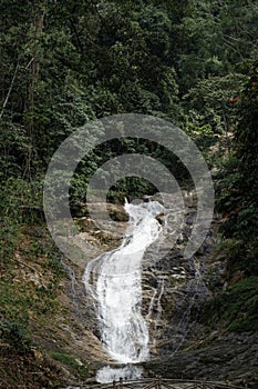 Mountain river flowing over the stones. Wildlife beauty in Malaysia