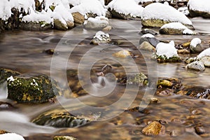 Mountain river flowing in winter snowy forest.