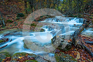 Mountain river flows in the gorge between the stones, mountain rapids