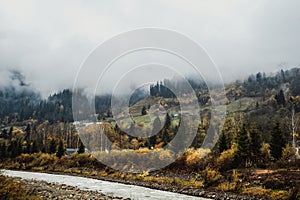 Mountain river flows among mountains in fog and forest 4