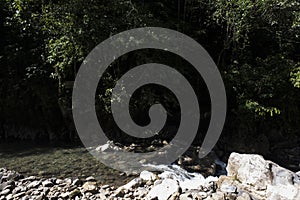 mountain river in the forest, jungle natural and picturesque landscape tingo maria peru october 2020