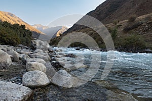 Mountain river and forest in summer Kyrgyzstan