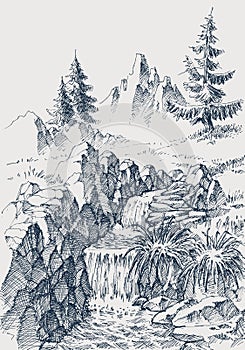 Mountain river hand drawing