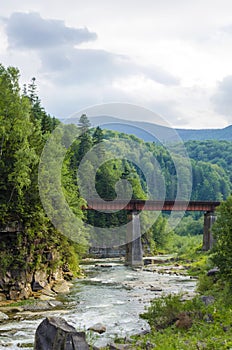 Mountain river with a rapid current of rocks and a bridge