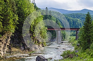 Mountain river with a rapid current of rocks and a bridge