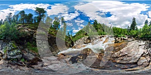 Mountain river with rapids in the taiga forest. Spherical panorama 360vr degrees