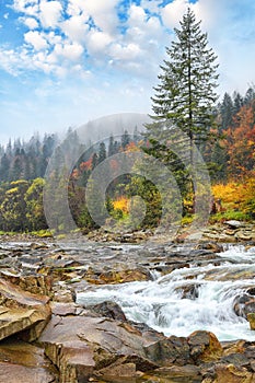 Mountain river with rapids and waterfalls at autumn time