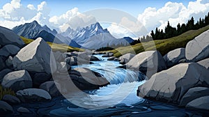 Mountain river with rocks and greenery