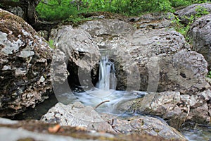 Mountain river - a small waterfall on a river with crystal clear water that flows among gray stones in a green forest on