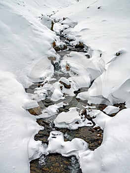 Mountain river and snow