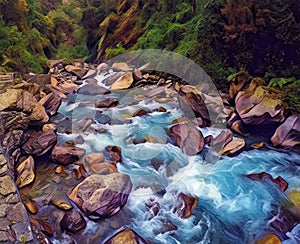 Mountain river in stone riverbed. Digital illustration of green forest with cold water current.