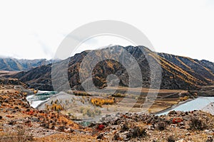 Mountain river surrounded by high rocks in Altai