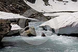 Mountain river in Susten pass located in Switzerland in winter during daylight