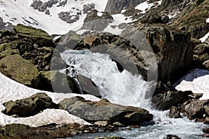 Mountain river in Susten pass located in Switzerland in winter during daylight