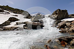 Mountain river in Susten pass located in Switzerland in winter during daylight