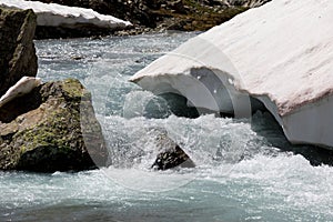 Mountain river in Susten pass located in Switzerland in winter during daylight