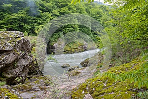 mountain river swift current, whirlpools in the flow of water in a granite canyon photo