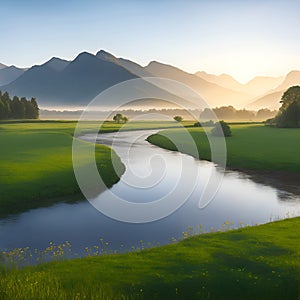 MOUNTAIN AND RIVER IN A VALLEY. A flowing river, blue sky, high mountains and green meadows in the morning