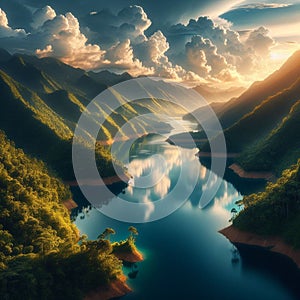 Mountain and River View Sunrise Landscape