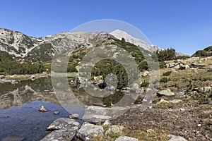 Mountain river and Vihren Peak, Pirin Mountain, Bulgaria