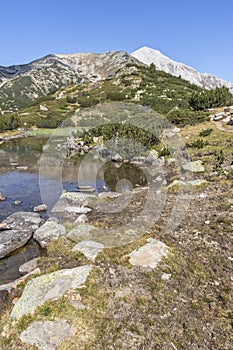 Mountain river and Vihren Peak, Pirin Mountain, Bulgaria