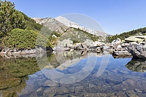 Mountain river and Vihren Peak, Pirin Mountain, Bulgaria