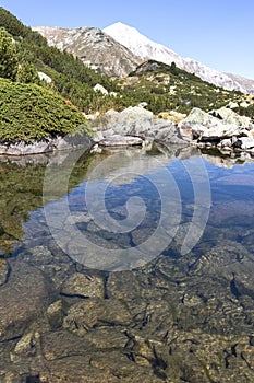 Mountain river and Vihren Peak, Pirin Mountain, Bulgaria