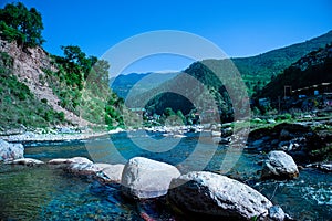 Mountain river water landscape. Wild river in mountains. Mountain wild river water view,