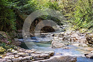 The mountain river with waterfall