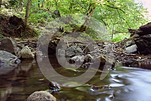 Mountain River in the wood . Forest with waterfall deep rain forest and river stream . Fast jet of water at slow shutter speeds
