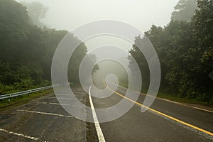 A mountain road covered by fog causing limited visibility