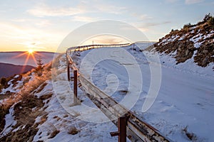 Mountain road, covered in snow