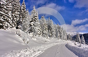 Mountain road covered with snow