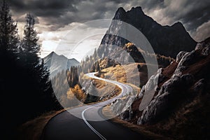 A Mountain Road With A Fork Leading To Either A Scenic Overlook Or A Steep Descent. Generative AI