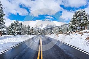 Mountain road after a fresh snowfall