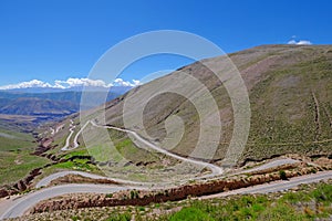 Mountain road in the high andes, trough the Cuesta De Lipan canyon from Susques to Purmamarca, Jujuy, Argentina