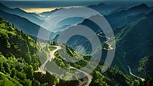 Mountain road in the mountains, closeup of photo, China, A bird\'s-eye view