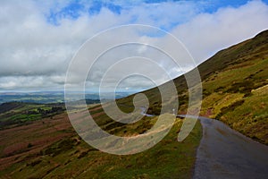Mountain road and a panoramic view to the hills, Brecon Beacons , Wales, UK