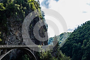 Mountain road passing through forest covered rocky mountain and large forest on Transfagarasan