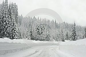 Mountain road in snowstorm